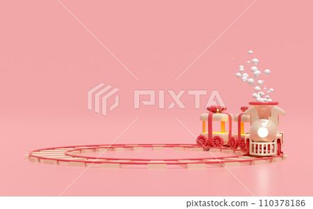 3d locomotive steam cartoon with smoke, wagons shaped like a gift box, railroad tracks, train transport toy, happy new year. 3d render illustration 3d locomotive steam cartoon with smoke, wagons shaped like a gift box, railroad tracks, train transport toy, happy new year. 3d render illustration 110378186