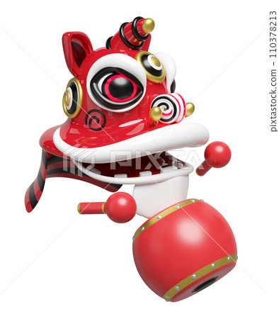 3d lion dance head with chinese drum, sticks for festive chinese new year holiday. 3d render illustration 3d lion dance head with chinese drum, sticks for festive chinese new year holiday. 3d render illustration 110378213