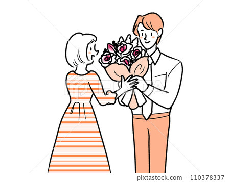 一個男人送花束，一個女人接受花束 110378337