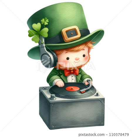 Leprechaun DJ with a turntable on St Patrick Day Leprechaun DJ with a turntable on St Patrick Day 110378479