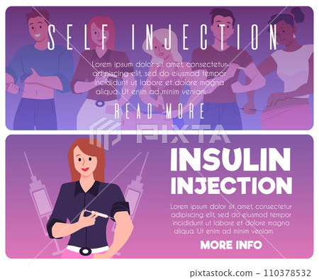 Self-administers insulin injection with syringe, people treatment diabetes, health care vector flyers template set Self-administers insulin injection with syringe, people treatment diabetes, health care vector flyers template set 110378532