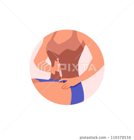 Woman applying injection to the thigh or leg with syringe, treatment of diabetes or sclerosis, vector self injection 110378538