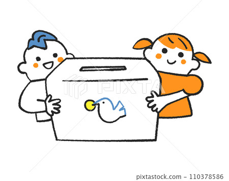 兩個孩子拿著一個捐款箱，上面有一隻鴿子嘴裡叼著硬幣的圖片插畫素材 110378586