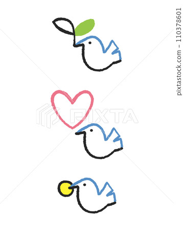 嘴裡叼著嫩葉的鴿子、嘴裡叼著硬幣的鴿子、嘴裡叼著硬幣的鴿子套裝插畫素材 110378601