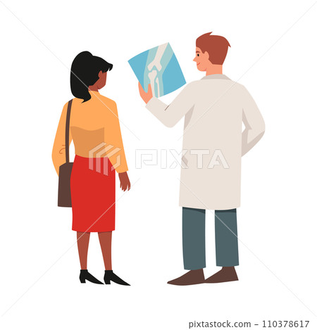 Orthopedic doctor holding x-ray and advises patient flat style 110378617