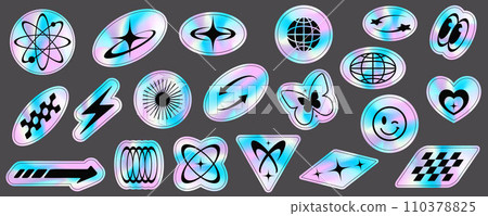 Y2k holographic stickers set. Retro gradient foil shapes and futuristic labels. 2000s rave neon collection. Textured graphic space badges. Vector. 110378825