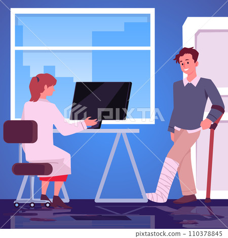 Man with broken leg visiting orthopedical doctor. 110378845