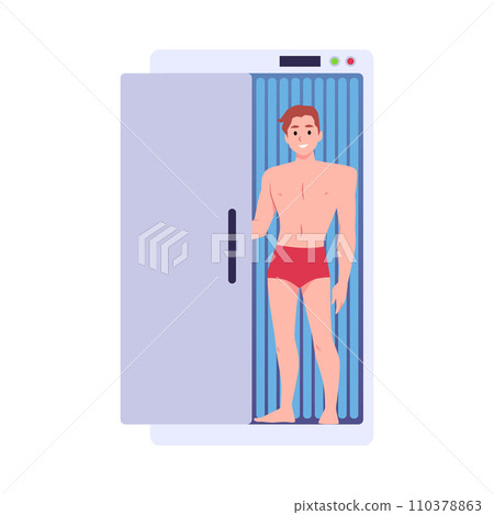 Young man in solarium, cartoon vector illustration isolated on white Young man in solarium, cartoon vector illustration isolated on white 110378863