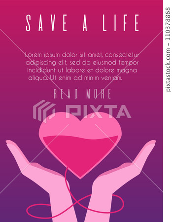 Heart blood transfer bag with hands landing page template. 110378868