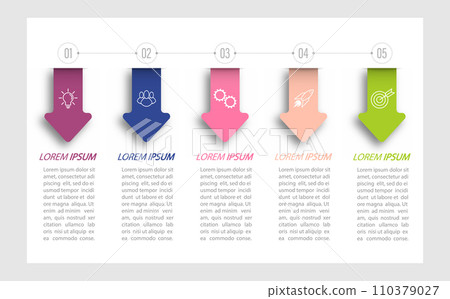 5 stages of development, improvement or training. Infographics with visual action icons for business, finance, project, plan or marketing 110379027
