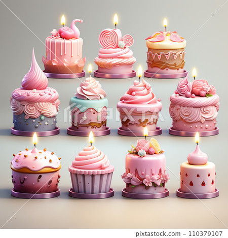 3D birthday cake with candles and decorations. Surprise party. Festive food. Pastel color. Cartoon creative design icons. 3D rendering 3D birthday cake with candles and decorations. Surprise party. Festive food. Pastel color. Cartoon creative design icons. 3D rendering 110379107
