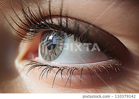 Close-up of the eyes of a young woman with makeup. Concept of natural cosmetics and eye look. "AI image generation" Close-up of the eyes of a young woman with makeup. Concept of natural cosmetics and eye look. "AI image generation" 110379142