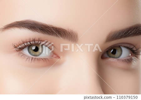 Close-up of the eyes of a young woman with makeup. Concept of natural cosmetics and eye look. "AI image generation" 110379150