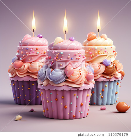 3D birthday cake with candles and decorations. Surprise party. Festive food. Pastel color. Cartoon creative design icons. 3D rendering 110379179
