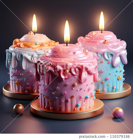 3D birthday cake with candles and decorations.... - Stock Illustration ...