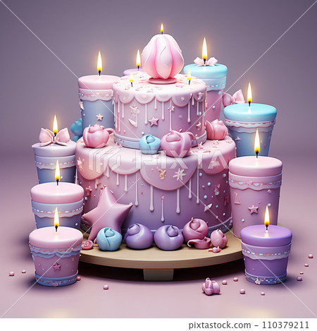 3D birthday cake with candles and decorations. Surprise party. Festive food. Pastel color. Cartoon creative design icons. 3D rendering 110379211