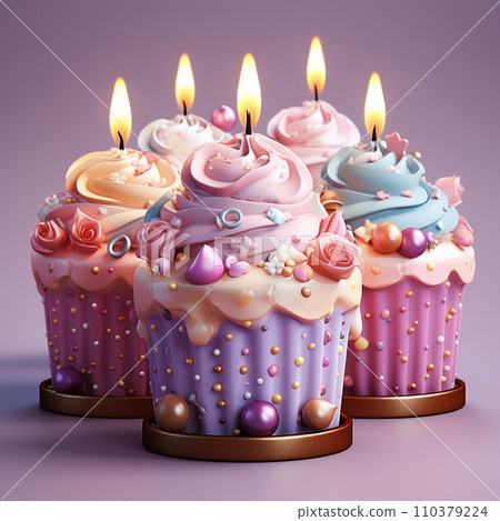 3D birthday cake with candles and decorations. Surprise party. Festive food. Pastel color. Cartoon creative design icons. 3D rendering 3D birthday cake with candles and decorations. Surprise party. Festive food. Pastel color. Cartoon creative design icons. 3D rendering 110379224