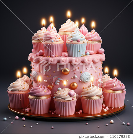 3D birthday cake with candles and decorations.... - Stock Illustration ...