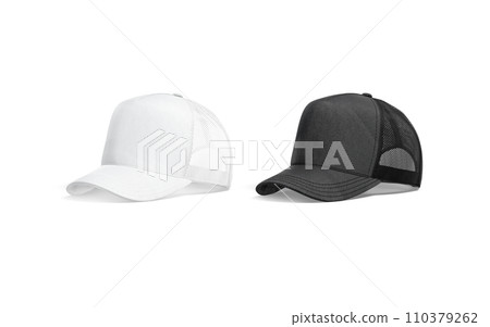 Blank black and white trucker hat mockup, half-turned view Blank black and white trucker hat mockup, half-turned view 110379262
