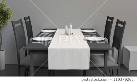 Blank white table runner and dishes mockup crop, interior background 110379263