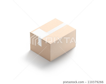 Blank white shipping label on craft box mockup, side view 110379266