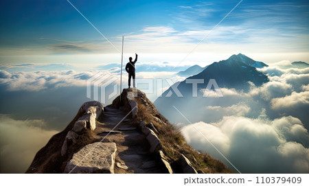 Silhouette of man stand and feel happy on the most high at the mountain on sunset, success, leader, teamwork, target, Aim, confident, finish, Business and success concept, generate AI Silhouette of man stand and feel happy on the most high at the mountain on sunset, success, leader, teamwork, target, Aim, confident, finish, Business and success concept, generate AI 110379409