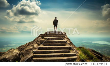 Silhouette of man stand and feel happy on the most high at the mountain on sunset, success, leader, teamwork, target, Aim, confident, finish, Business and success concept, generate AI Silhouette of man stand and feel happy on the most high at the mountain on sunset, success, leader, teamwork, target, Aim, confident, finish, Business and success concept, generate AI 110379411