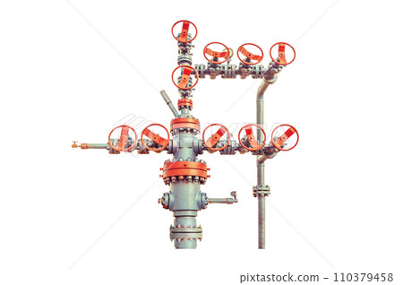 Oil and gas industry concept. Extraction of oil. Wellheads with valve armature on a white background. 110379458