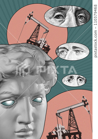 Pop art collage with antique statue head and industrial objects and dollar bill details. Surreal poster, template for concept design or cover. Alternative zine culture. Pop art collage with antique statue head and industrial objects and dollar bill details. Surreal poster, template for concept design or cover. Alternative zine culture. 110379468