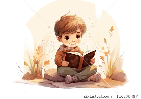 A joyful child holding a book in rivers. A small child sits reading a book. Generate Ai A joyful child holding a book in rivers. A small child sits reading a book. Generate Ai 110379487