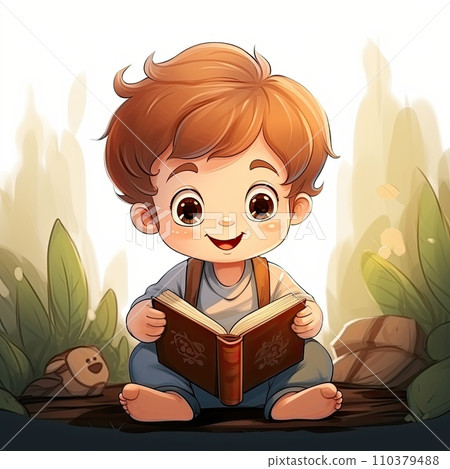 A joyful child holding a book in rivers. A small child sits reading a book. Generate Ai A joyful child holding a book in rivers. A small child sits reading a book. Generate Ai 110379488