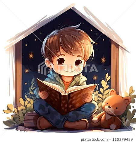 A joyful child holding a book in rivers. A small child sits reading a book. Generate Ai A joyful child holding a book in rivers. A small child sits reading a book. Generate Ai 110379489