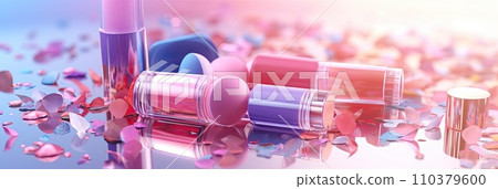Various cosmetics on the background as an abstraction. Bright lipstick, mascara and other beauty products. Generative AI 110379600
