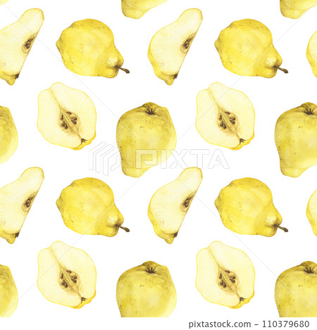 Watercolor quince seamless pattern. Whole and sliced quince fruits, leaves and flowers. Hand drawn isolated on white background perfect for packaging, invitations. 110379680