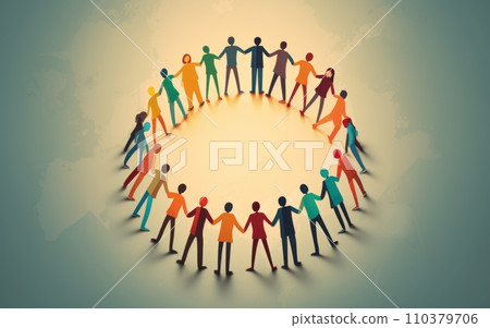 Group of business people standing in circle and holding hands. Teamwork concept. Blue background 110379706