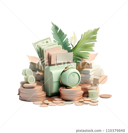 stack of coins, Pastel green leaves tone. 3D rendering. Financial and investment business concepts stack of coins, Pastel green leaves tone. 3D rendering. Financial and investment business concepts 110379848