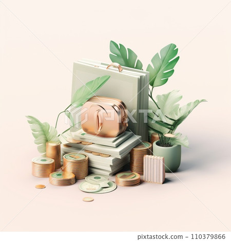 stack of coins, Pastel green leaves tone. 3D rendering. Financial and investment business concepts  110379866