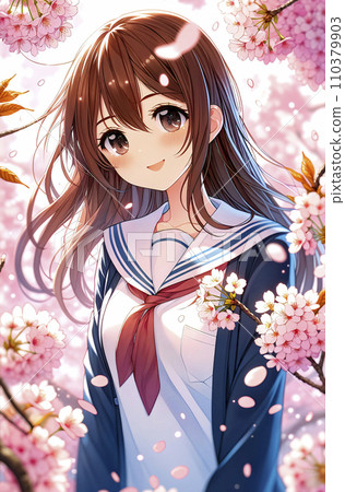 在盛開的櫻花樹下，女高中生微笑著。人工智慧圖像。 110379903