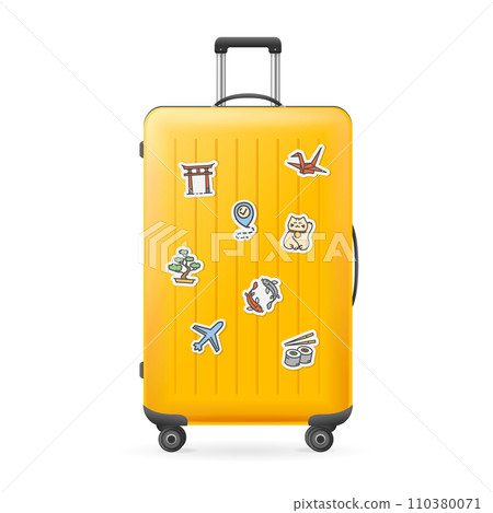 Realistic Detailed 3d Travel Suitcase with Japanese Stickers. Vector Realistic Detailed 3d Travel Suitcase with Japanese Stickers. Vector 110380071