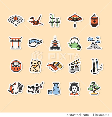 Japan Icon Color Stickers, Pins or Badges Set. Vector 110380085