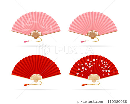Realistic Detailed 3d Red and Pink Asian Hand Fans Set. Vector 110380088