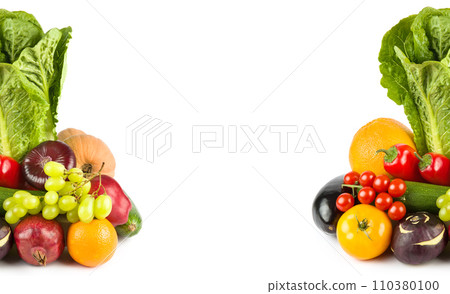 Fruits and vegetables isolated on white. Free space for text. Collage. 110380100