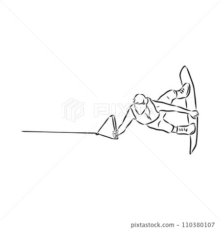 Single continuous line drawing of young sporty surfer man play wakeboarding in the sea. 110380107