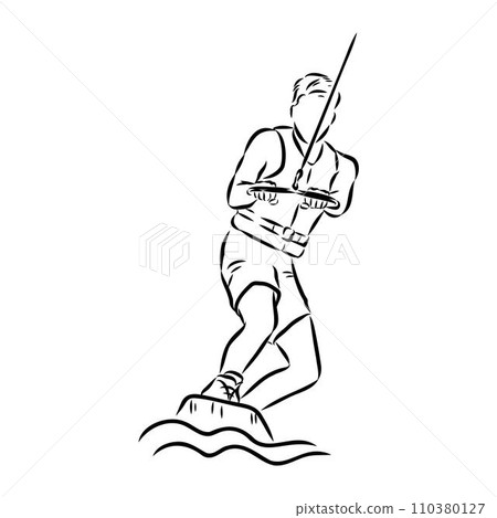 Single continuous line drawing of young sporty surfer man play wakeboarding in the sea. 110380127