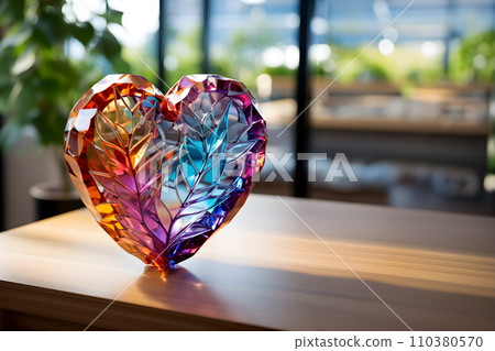 Colorful crystal heart Reflects beautifully and outstandingly. There is a space for copy text. Suitable for making greeting cards on occasions related to love. It shows a beautiful but fragile love. 110380570