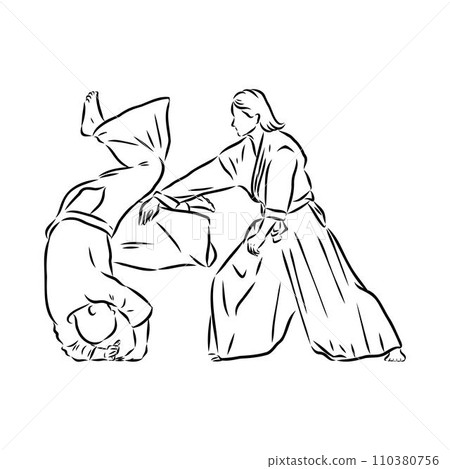 Aikido combat between athletes, stylized vector illustration Aikido combat between athletes, stylized vector illustration 110380756