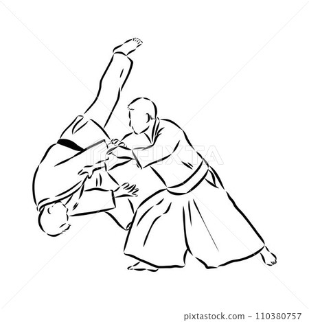 Aikido combat between athletes, stylized vector illustration Aikido combat between athletes, stylized vector illustration 110380757
