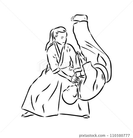 Aikido combat between athletes, stylized vector illustration 110380777