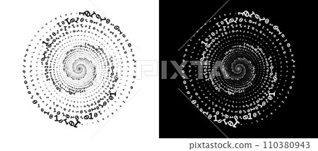 Abstract numbers one and zero in a spiral. Big data or chaos concept, logo icon or tattoo. Black shape on a white background and the same white shape on the black side. Abstract numbers one and zero in a spiral. Big data or chaos concept, logo icon or tattoo. Black shape on a white background and the same white shape on the black side. 110380943