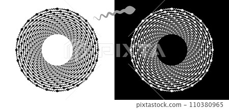 Modern abstract background. Spermatozoons in circle form. Round logo. Design element or icon. Black shape on a white background and the same white shape on the black side. Modern abstract background. Spermatozoons in circle form. Round logo. Design element or icon. Black shape on a white background and the same white shape on the black side. 110380965